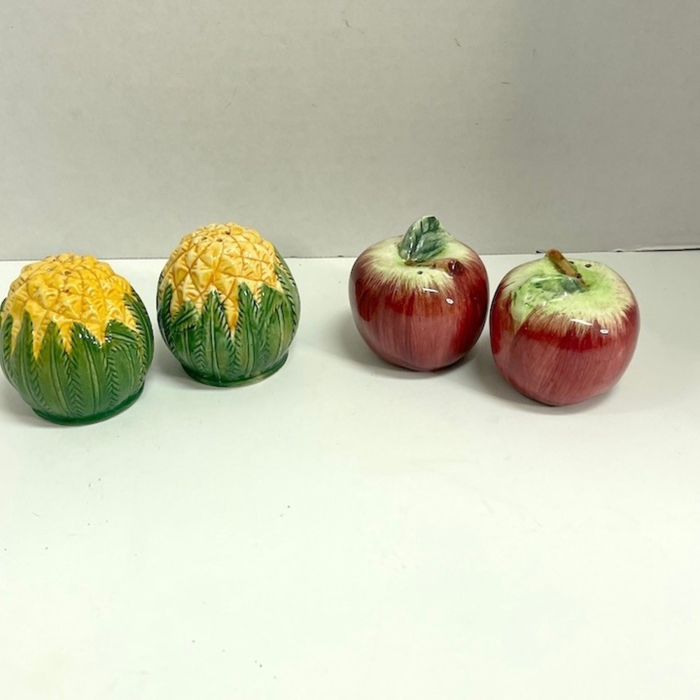 Vintage Ceramic Fruit Salt and Pepper Shakers Lot 2 Pairs Pineapple Apple